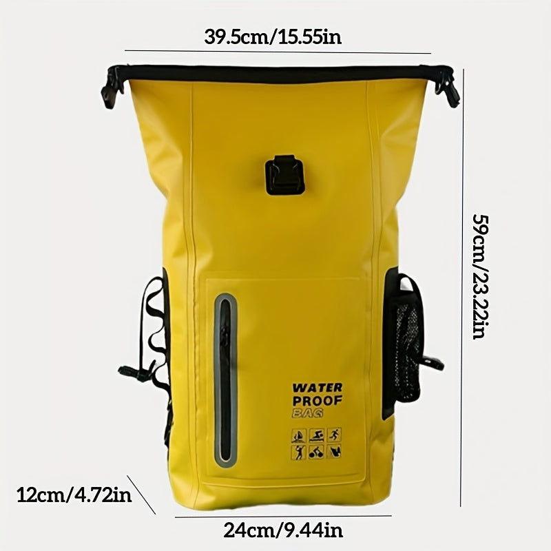 Waterproof 25L Roll-Top Backpack with Multiple Pockets, Sturdy Buckle Seal, and Mesh Side Pocket