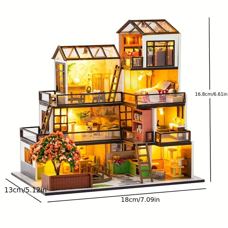 Miniature Villa 3D Puzzle Kit – Handmade Model with LED Lighting and Detailed Interior
