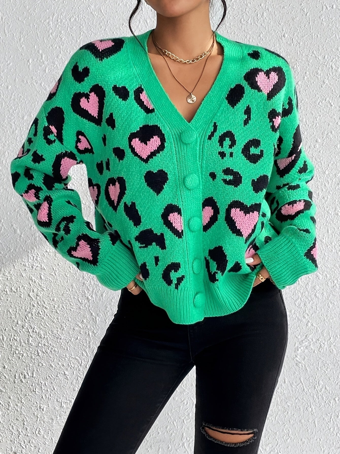 Ladies Leopard Print Love Cardigan – Cheerful and Comfortable for Spring and Autumn