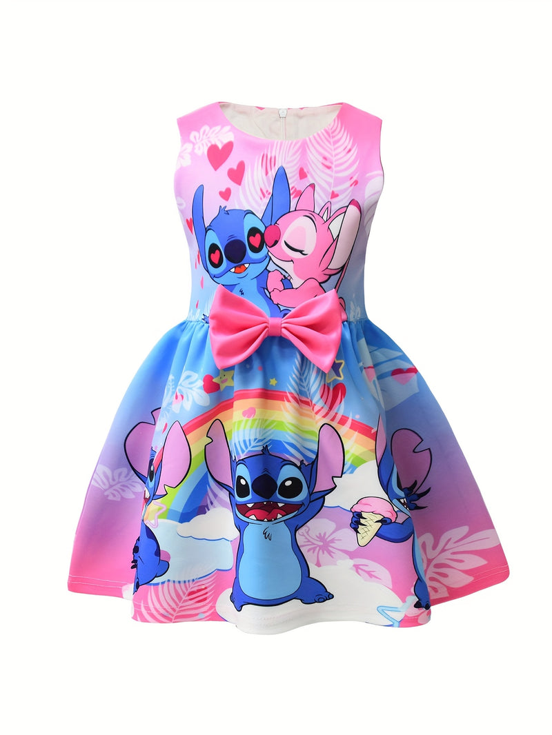Disney Stitch Girls Sleeveless Round Neck Dress with Bow & Floral Print - Lightweight Polyester Spandex