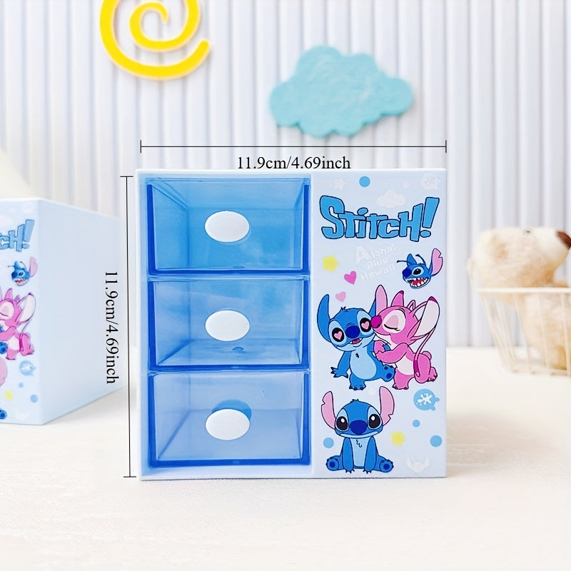 Disney Stitch Cartoon 3-Compartment Storage Box – Multifunctional Organizer for Desk, Jewelry, and Toys
