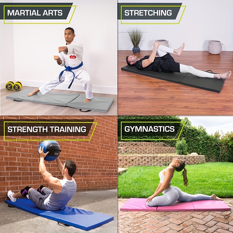 Portable Triptych Yoga Mat with Thick Padding, Non-Slip PU Surface, and Handle