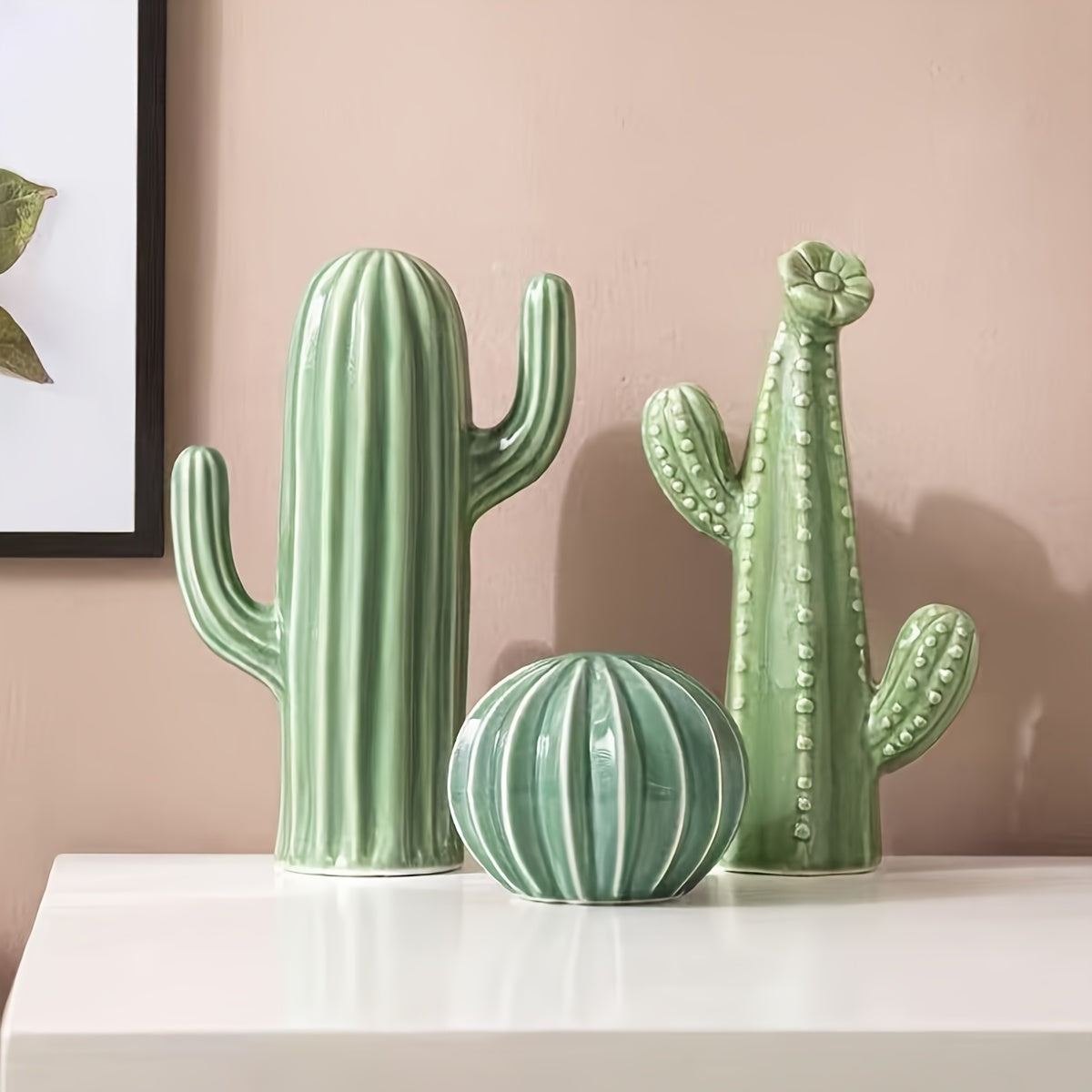 Trio of Ceramic Cactus Décor – Striped & Textured Indoor Ornaments