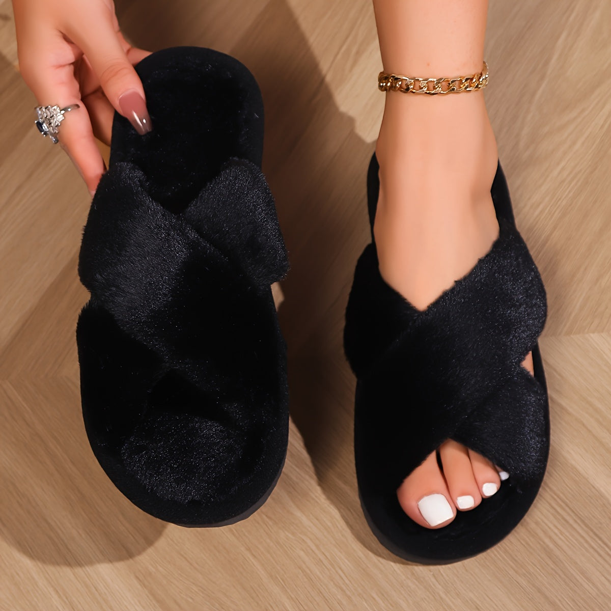 Ladies Plush Slip-On Slippers - Luxe Comfort with Anti-Slip