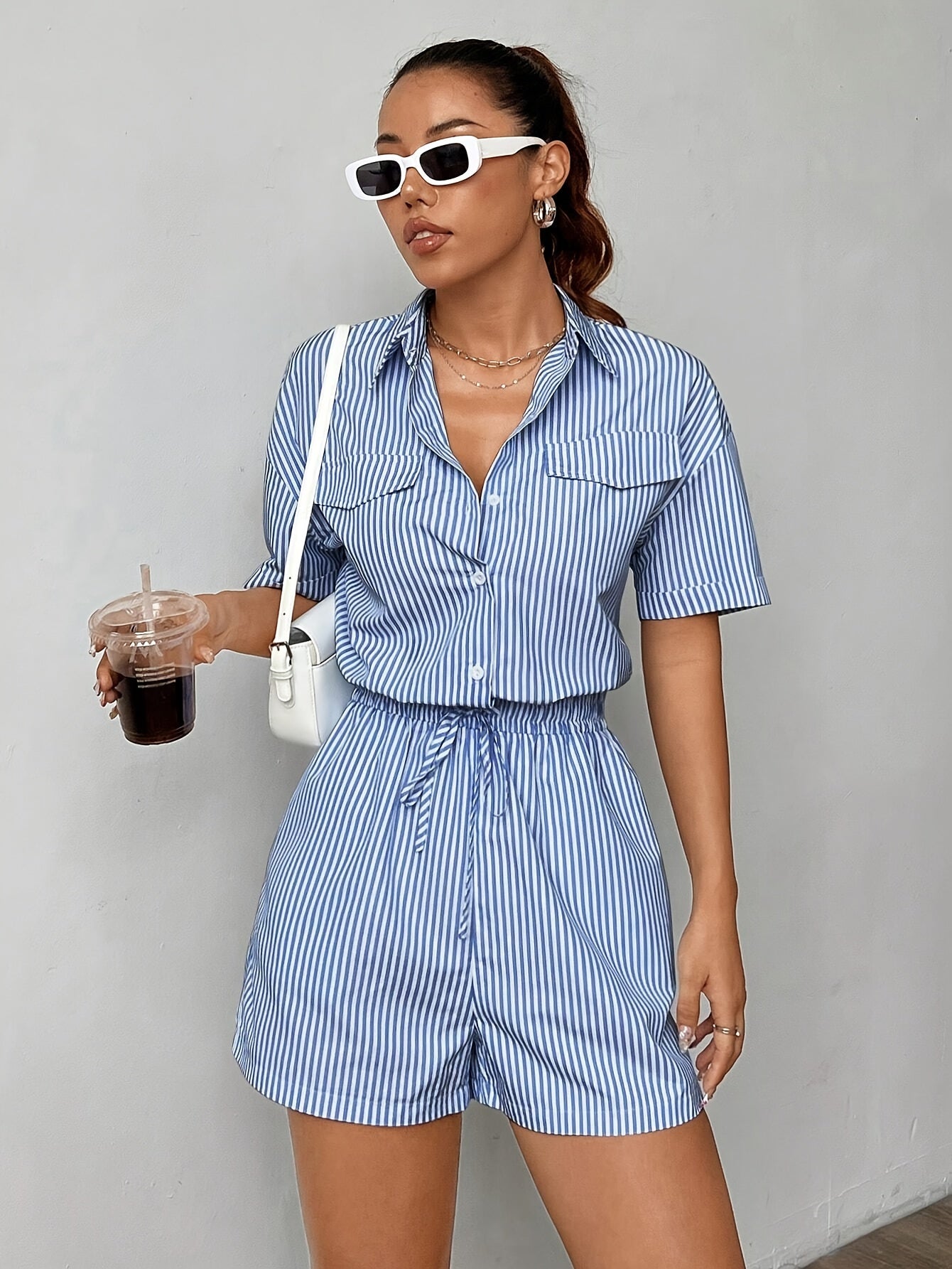 Striped Polyester Jumpsuit for Women – Short Sleeves and Collar for Summer Outfits
