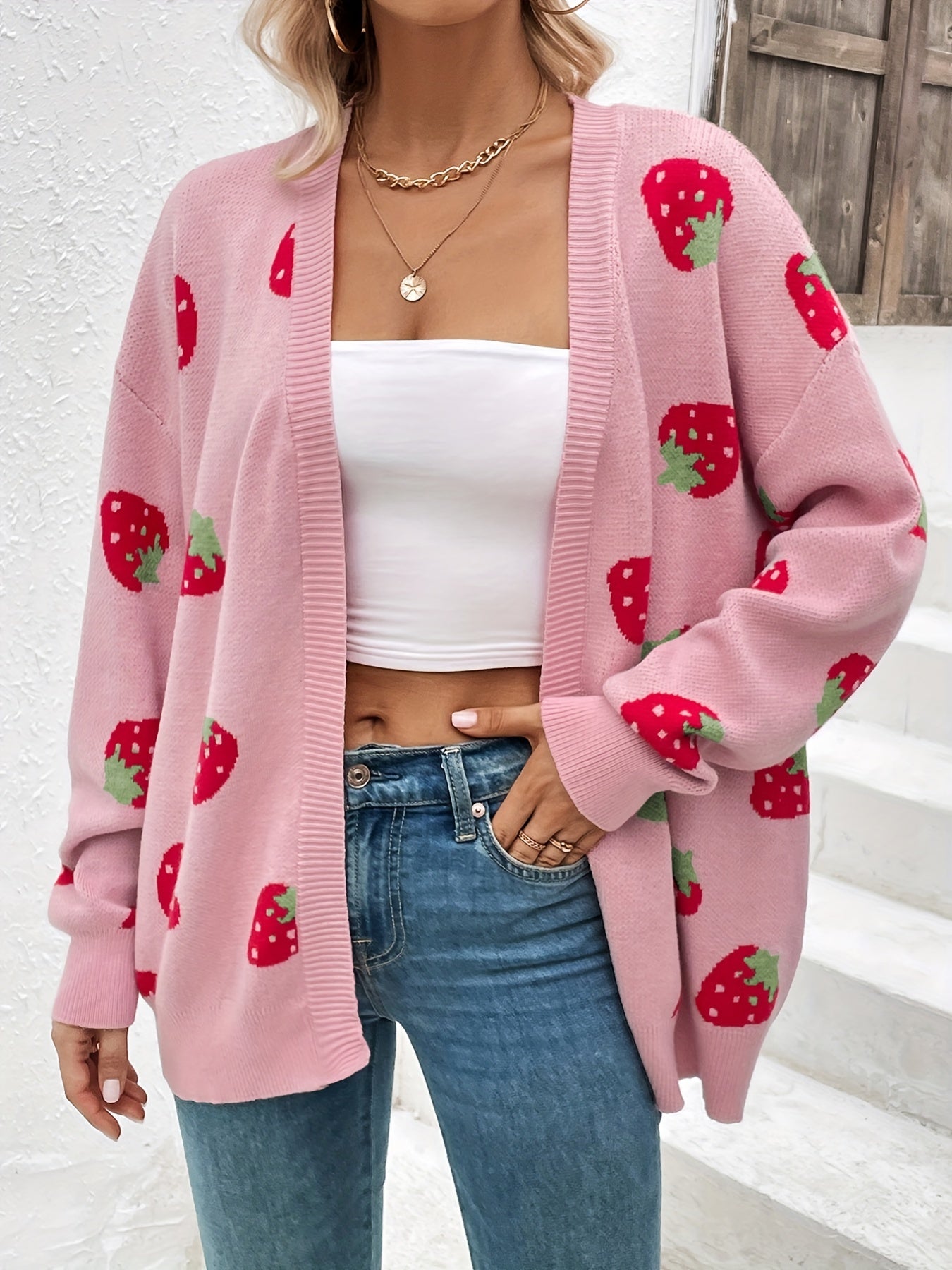 Ladies Strawberry Print Cardigan – Trendy and Comfortable for Spring and Autumn