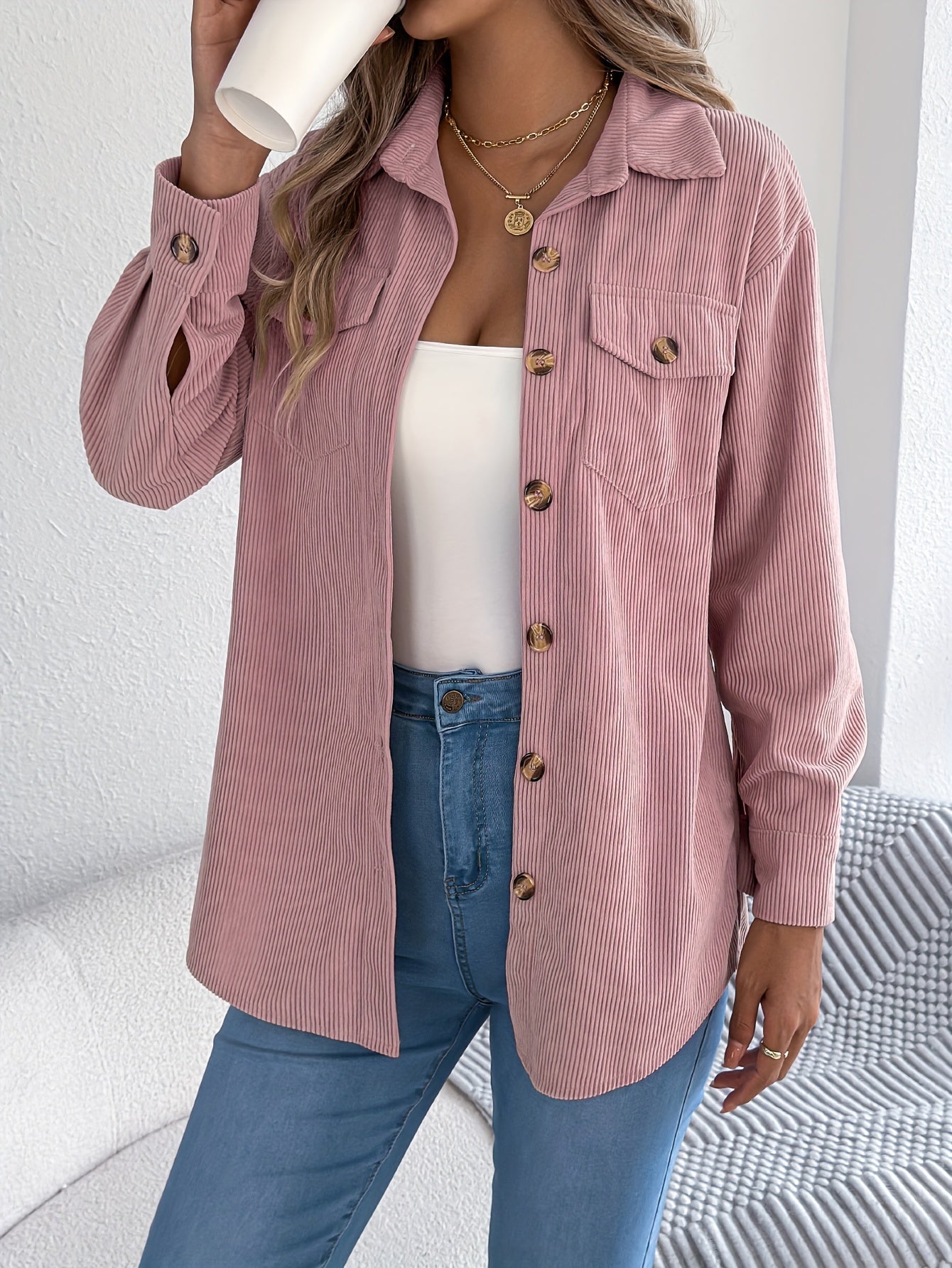 Casual Corduroy Jacket for Women – Long Sleeves and Classic Collar, Perfect for Fall and Winter