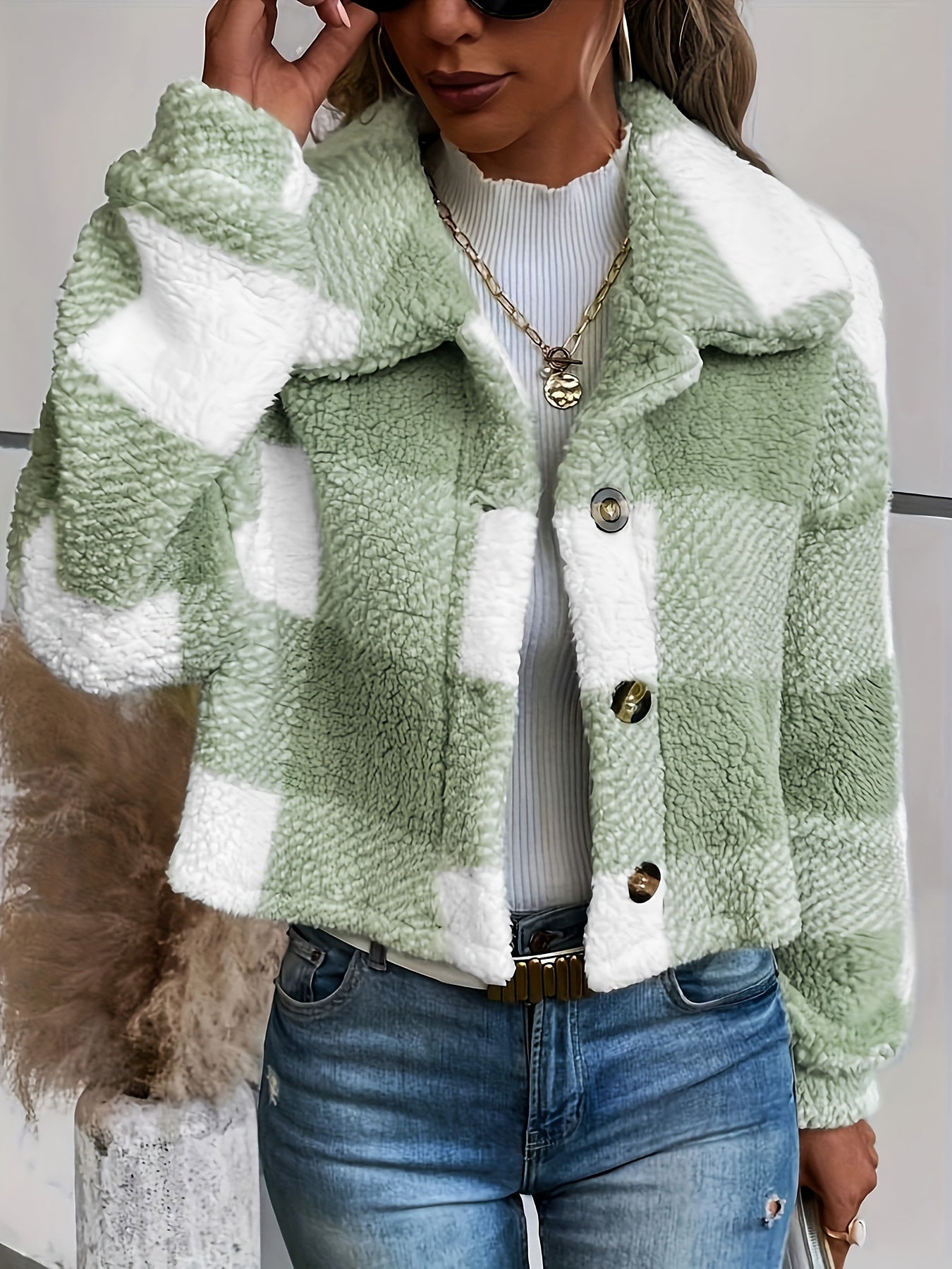 Luna Checkered Teddy Jacket - Warmth and Style for Women