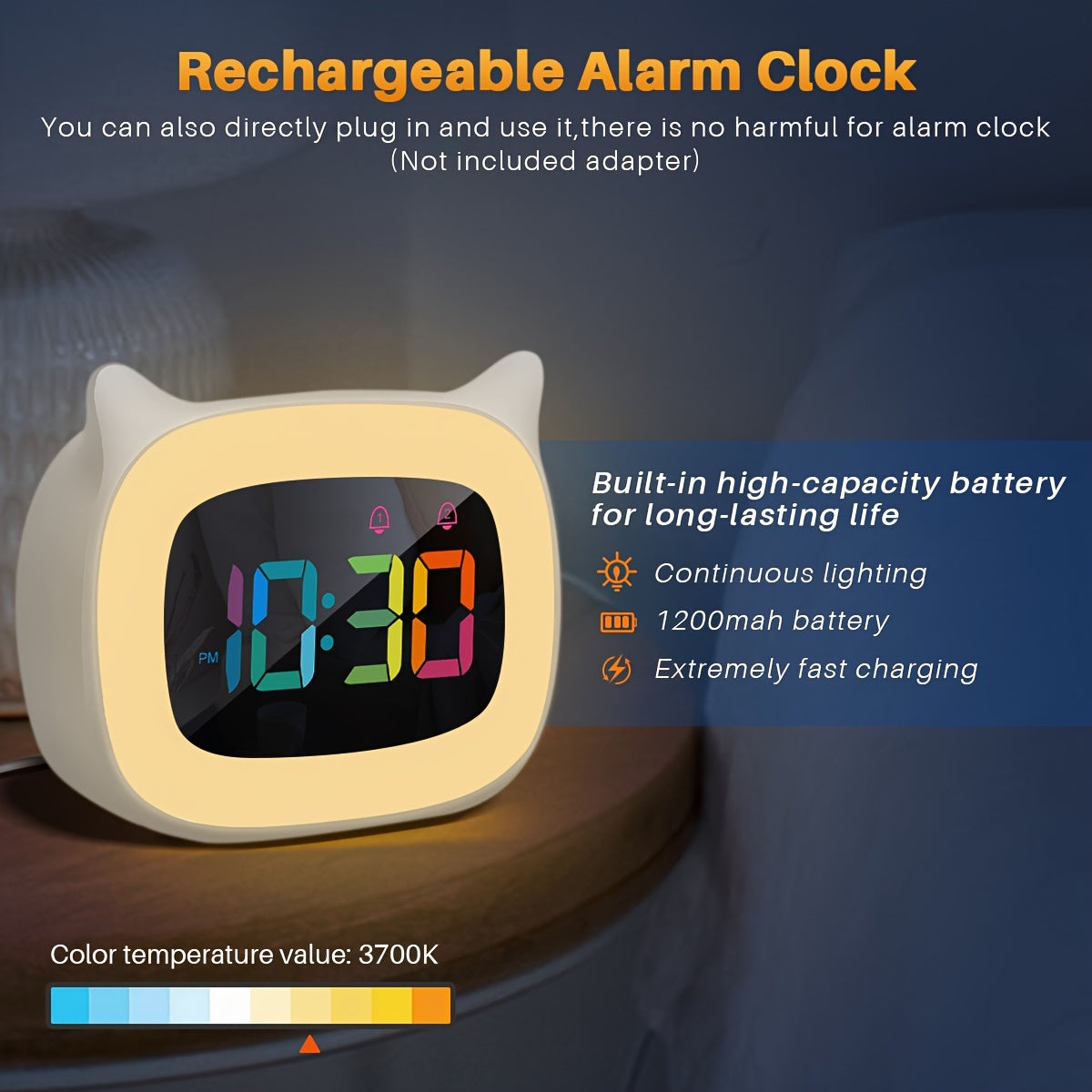 Cute Cat Ears Alarm Clock – RGB Night Light with 18 Melodies and USB Rechargeable