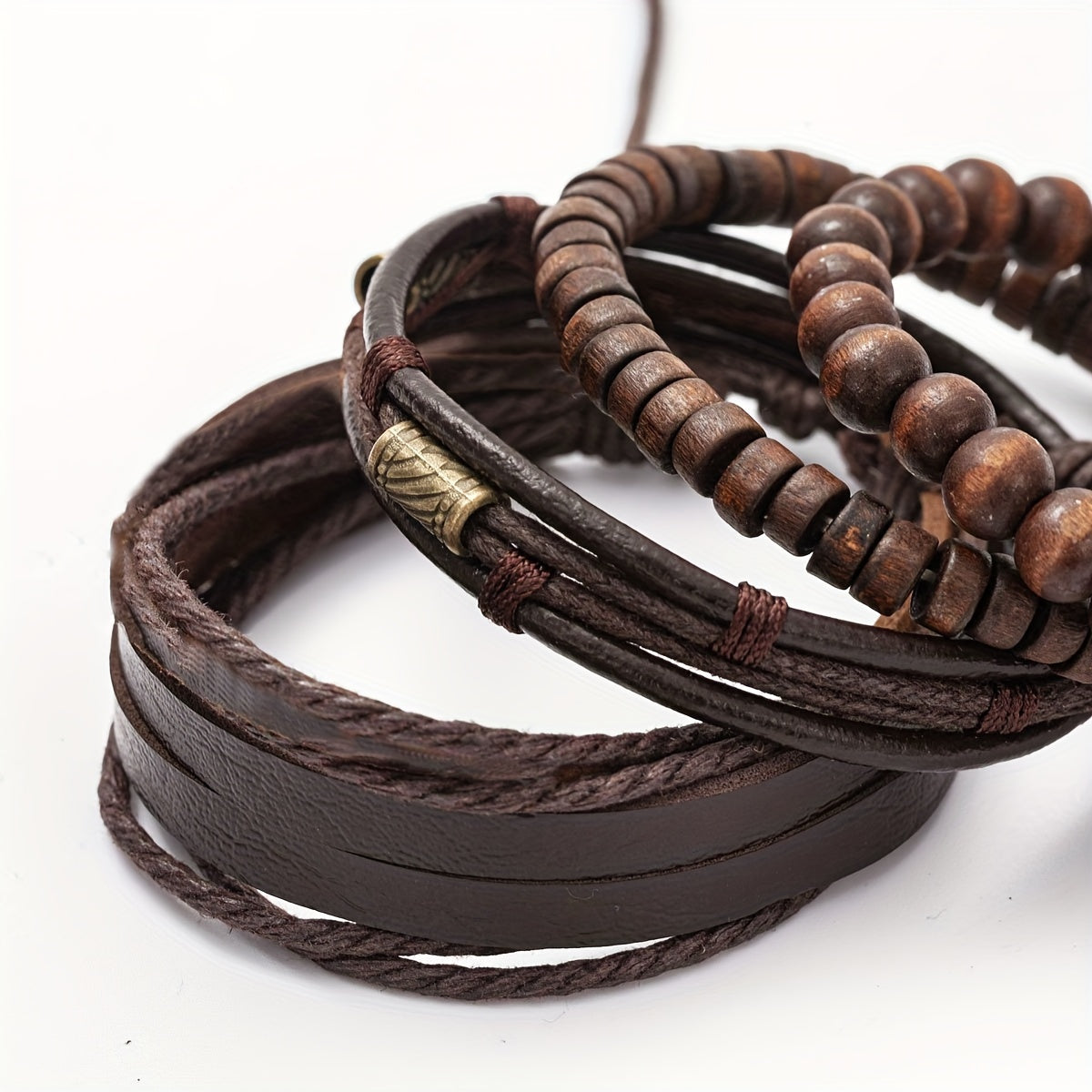 Stylish Leather and Wooden Bracelets Set - For the Modern Man