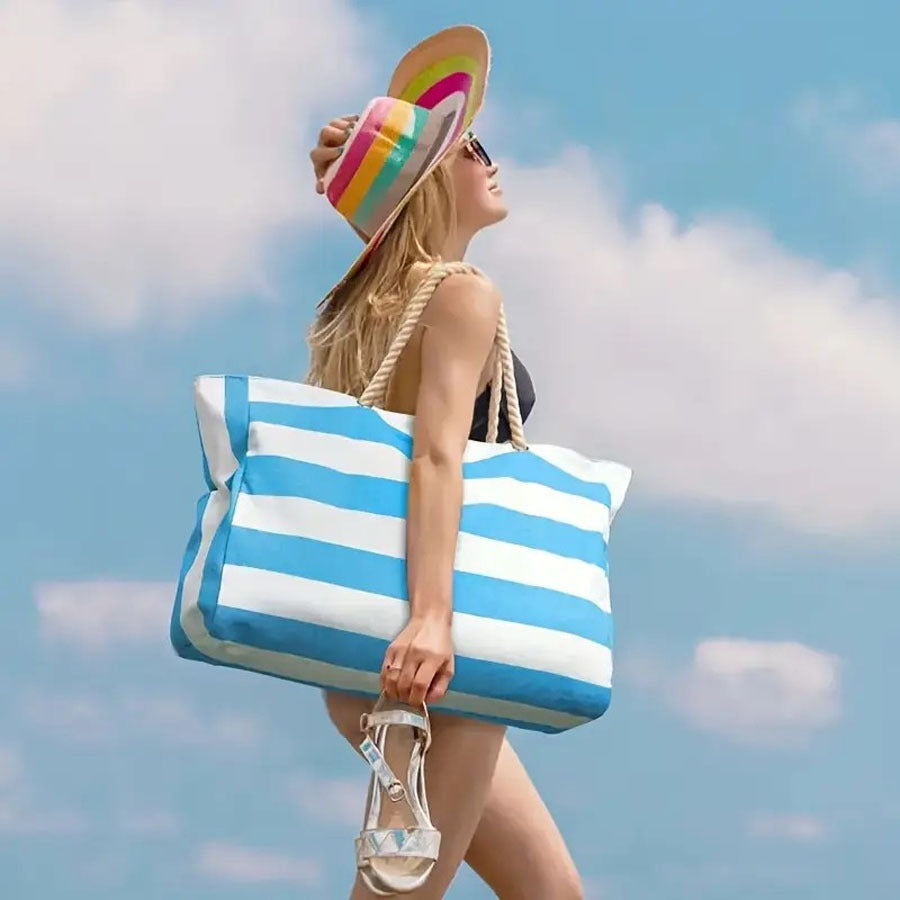 Striped Beach Bag – Spacious Travel Bag with Rope Handles for Transport and Outdoor Vacations