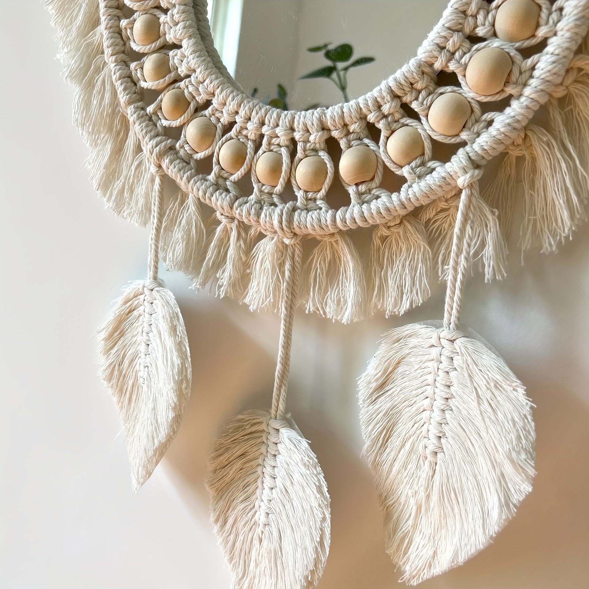 Boho Macramé Wall Mirror with Fringes – Decorative Mirror with Beads and Feathers