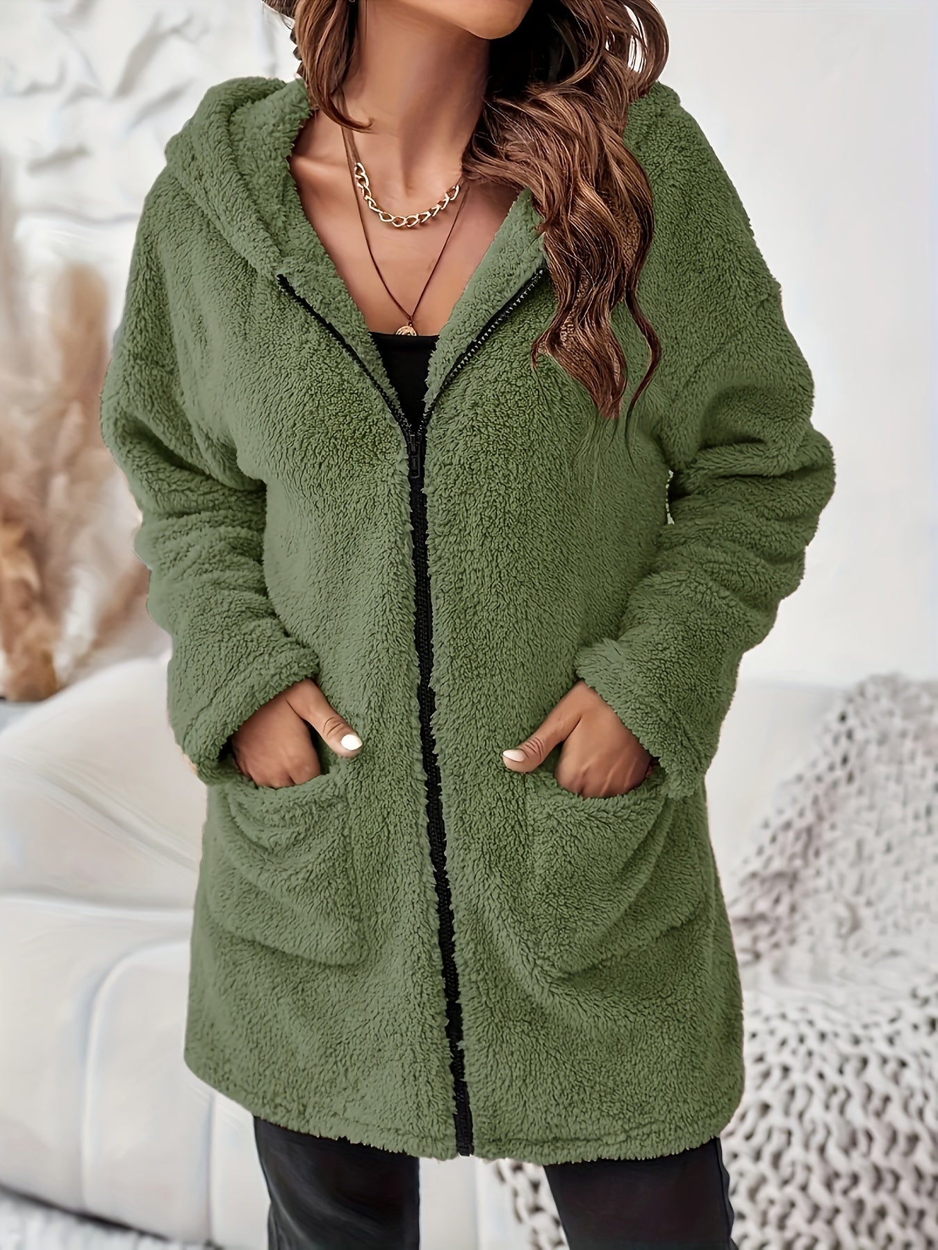 Soft Plush Winter Jacket with Zipper and Patch Pockets - Warm and Comfortable Jacket for Cold Days