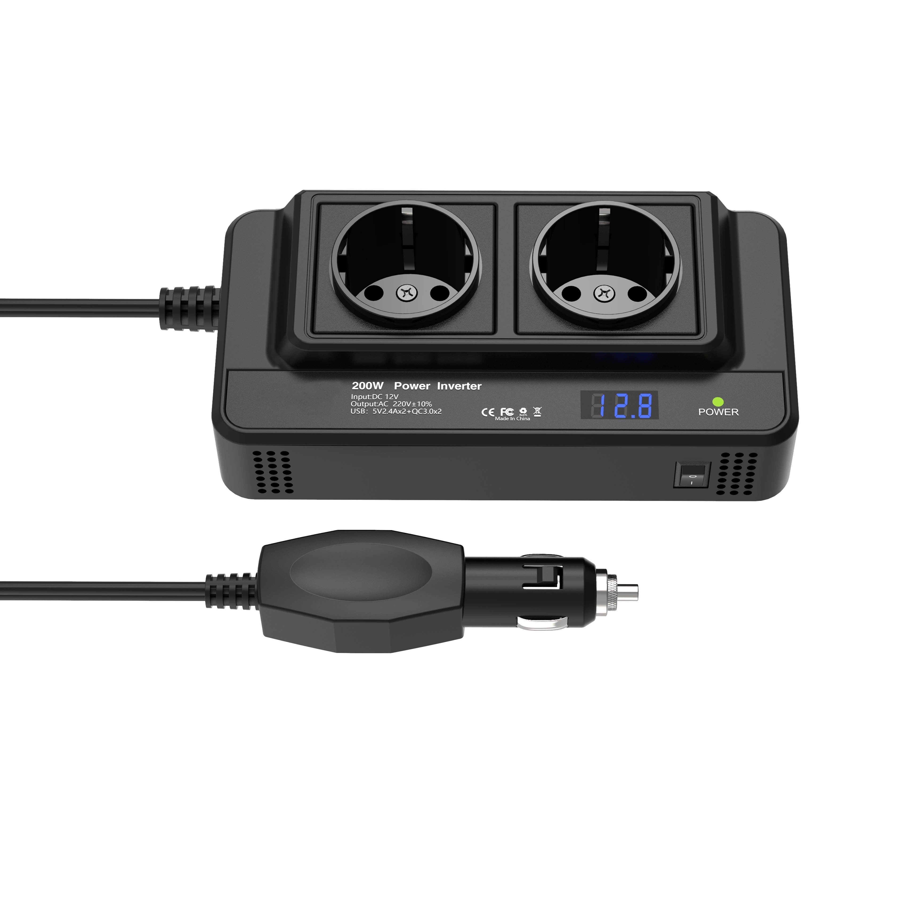 Compact 200W Car Power Inverter – Dual Sockets & Quad USB