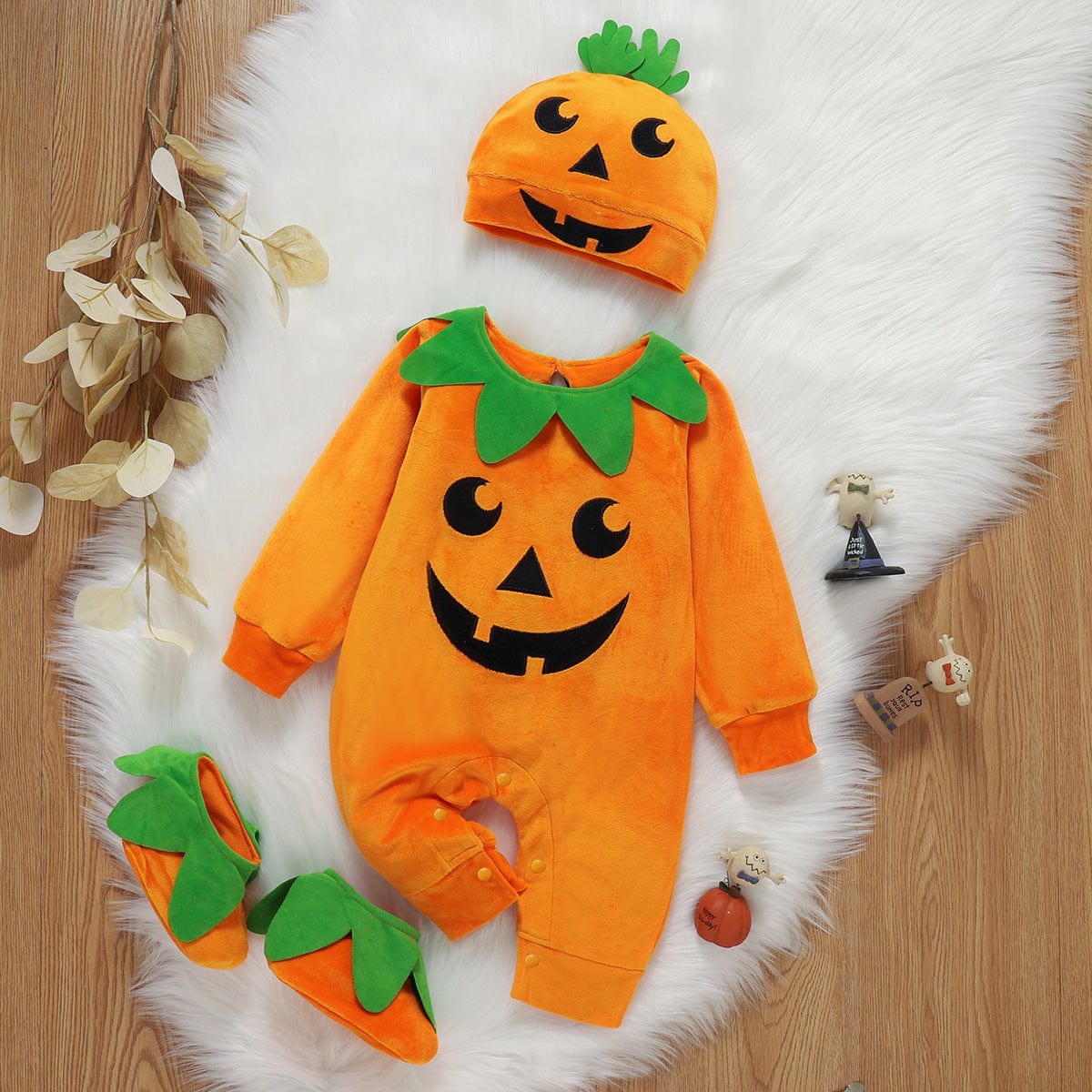 Halloween Pumpkin Outfit - Cute Jumpsuit with Hat and Slippers