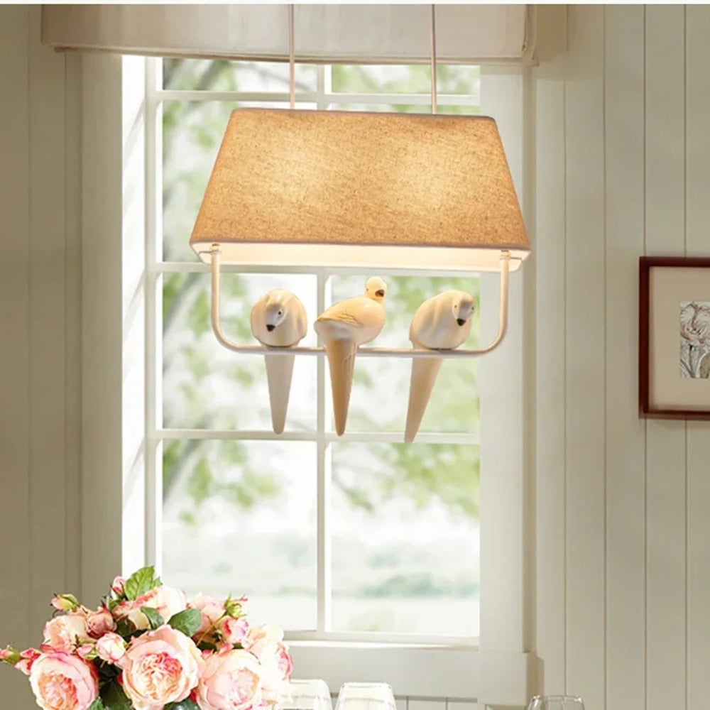 Pendant Light with Bird and Linen Shade – Atmospheric and Unique Design