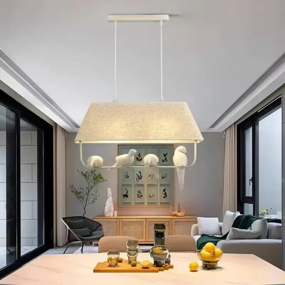 Pendant Light with Bird and Linen Shade – Atmospheric and Unique Design