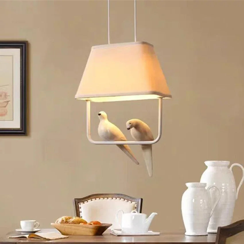 Pendant Light with Bird and Linen Shade – Atmospheric and Unique Design