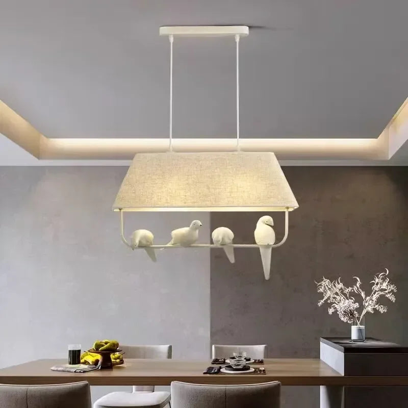 Pendant Light with Bird and Linen Shade – Atmospheric and Unique Design