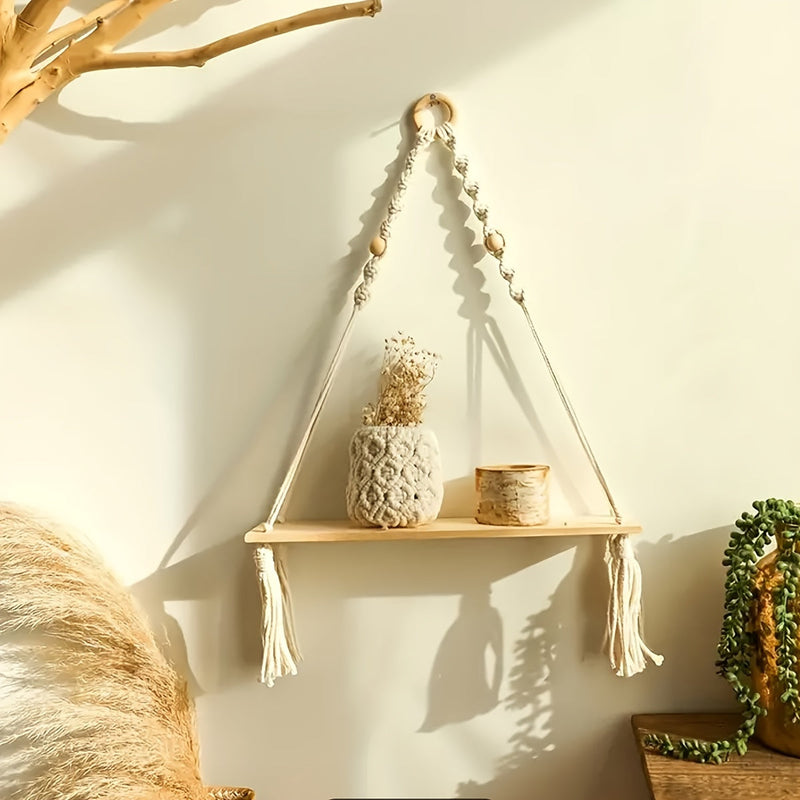 Boho Macramé Wall Shelf – Handmade Wooden Shelf with Rope Design for a Cozy Interior