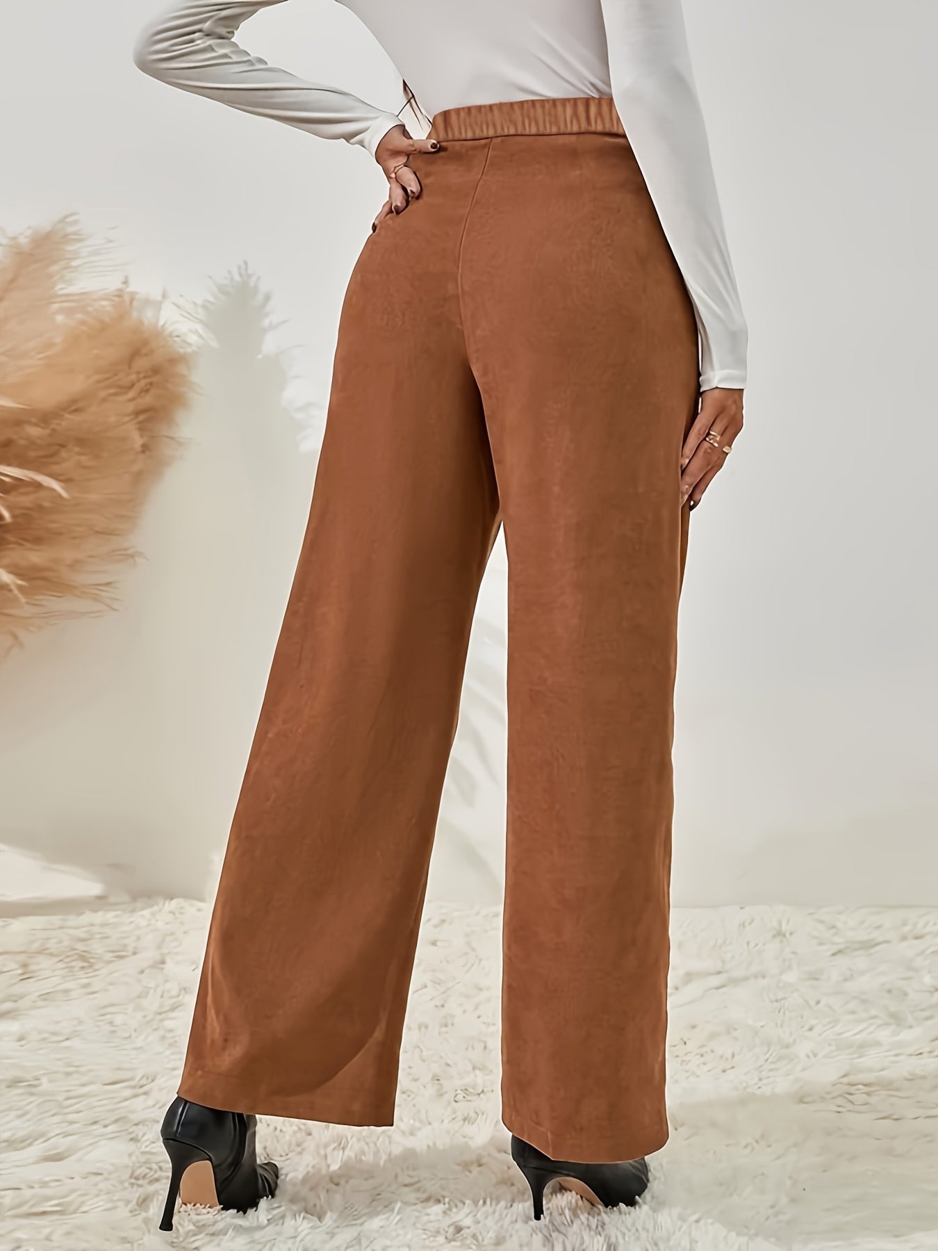 Elegant High Waist Trouser with Button Detail – Women's Wide Leg Pants for Spring and Autumn