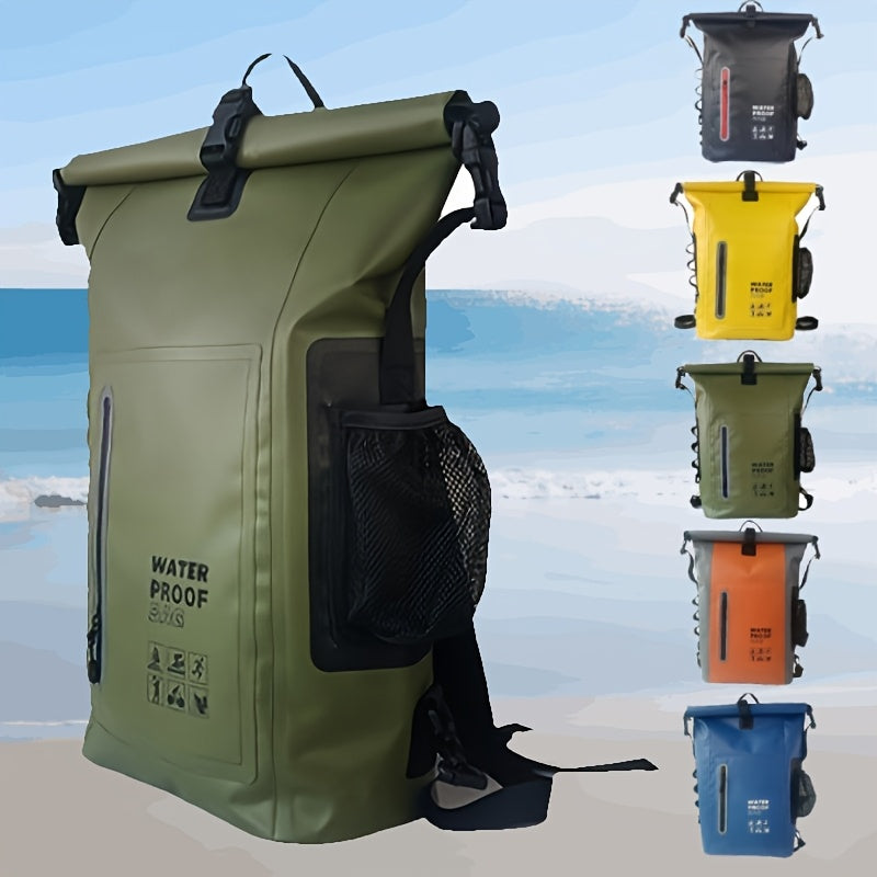 Waterproof 25L Roll-Top Backpack with Multiple Pockets, Sturdy Buckle Seal, and Mesh Side Pocket