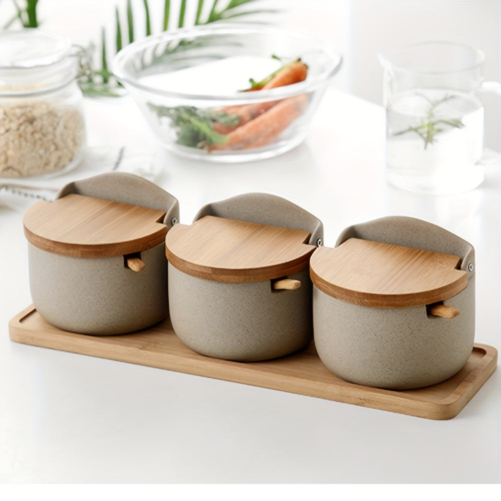 Ceramic Spice Jars Set – Durable with Bamboo Lid and Handy Tray