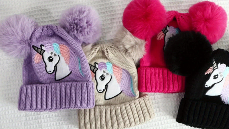 Lila Unicorn Hat for Children - Cozy and Warm with Pom Poms
