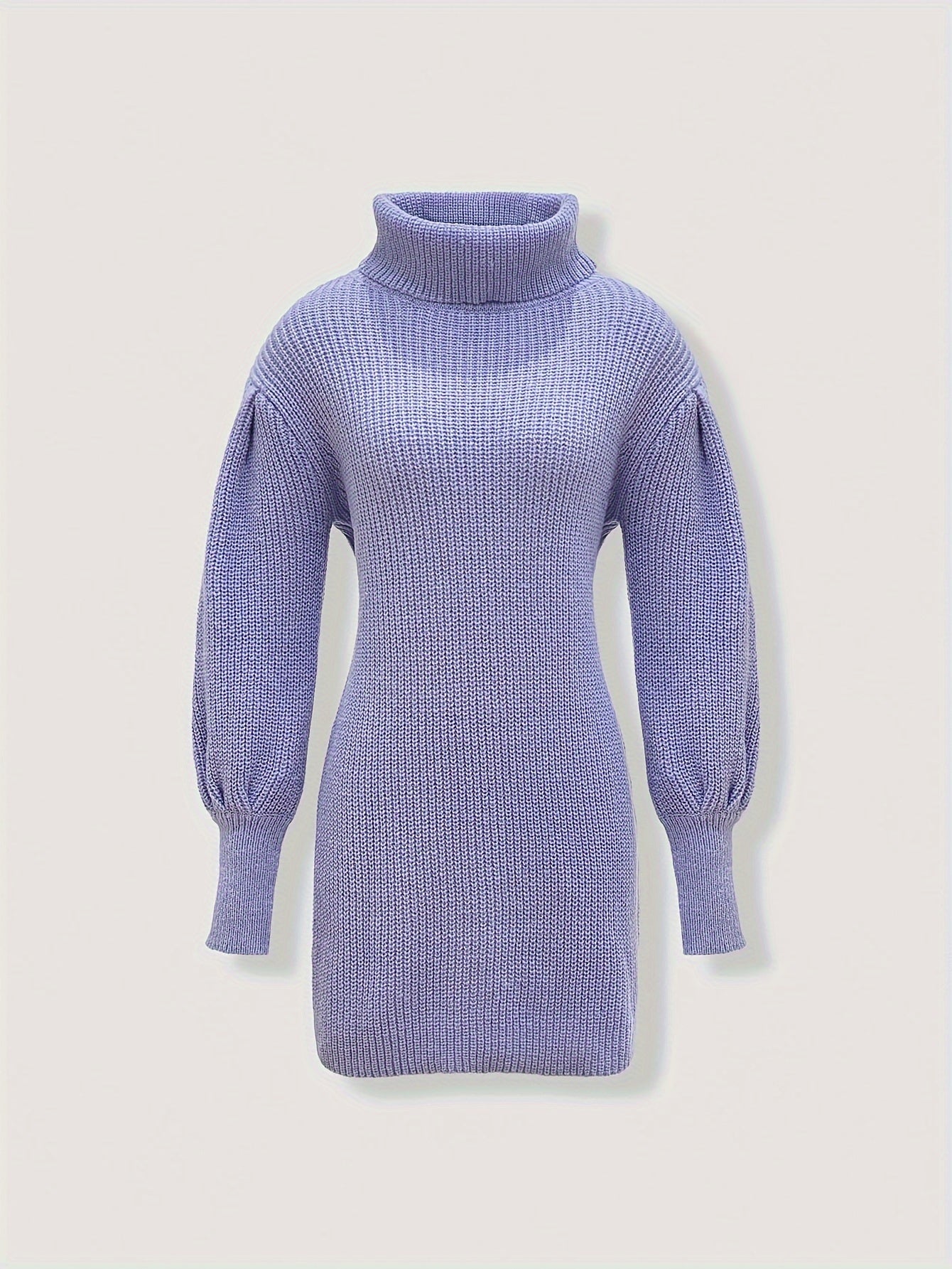 Elegant Turtleneck Sweater-Dress – Ribbed Texture and Lantern Sleeves for a Stylish Look