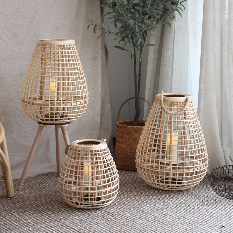 Handwoven Rattan Lantern with Candle Holder – Loose Decorative Piece for Living Room, Balcony, or Hospitality