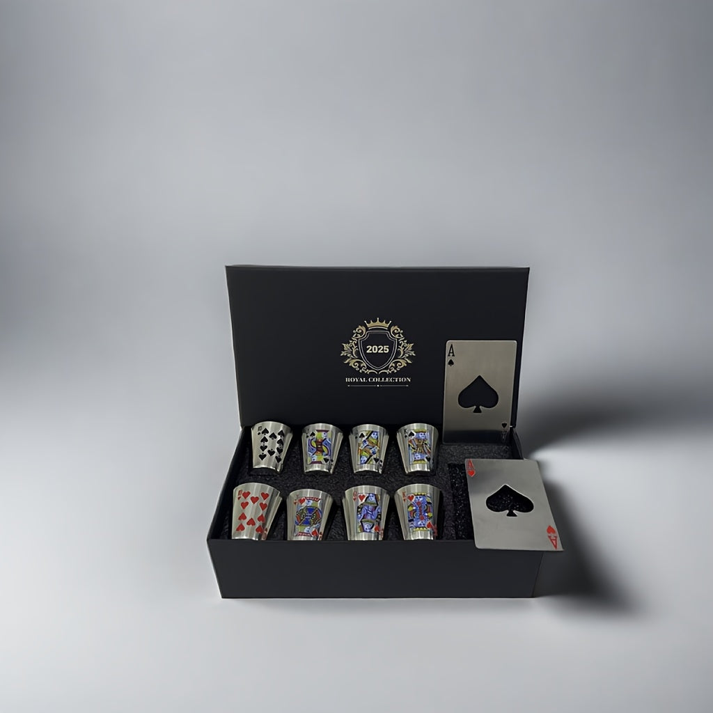 Royal Playing Card Whiskey Glass Set – Stainless Steel & Bottle Openers