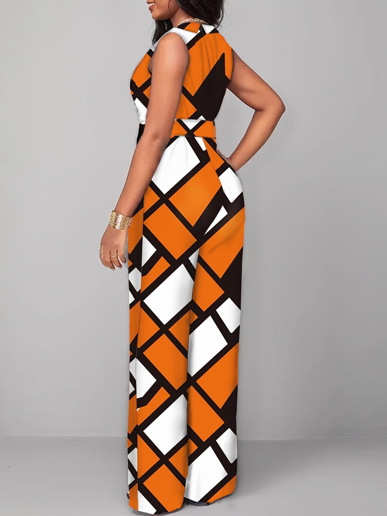 Elegant Geometric Printed Jumpsuit – Wide Legs and Belt for Parties and Casual Wear