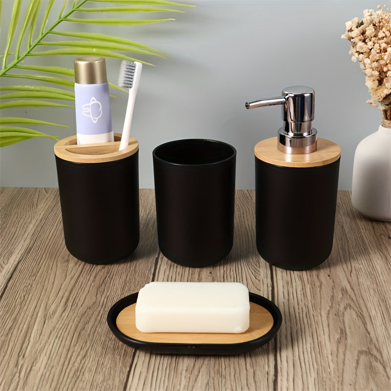 Bathroom Accessories Set with Bamboo Lid – 4-Piece Set for Bathroom Decor