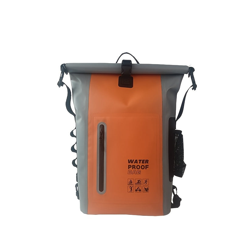 Waterproof 25L Roll-Top Backpack with Multiple Pockets, Sturdy Buckle Seal, and Mesh Side Pocket