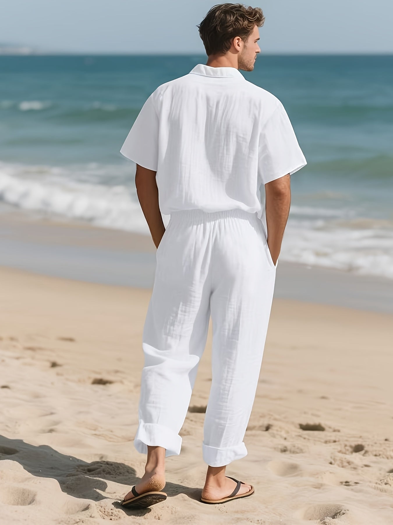 Men's Casual Linen Set – Comfortable and Breezy with Long Pants and Short Sleeves