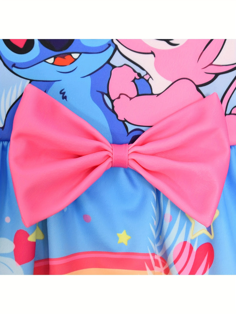 Disney Stitch Girls Sleeveless Round Neck Dress with Bow & Floral Print - Lightweight Polyester Spandex