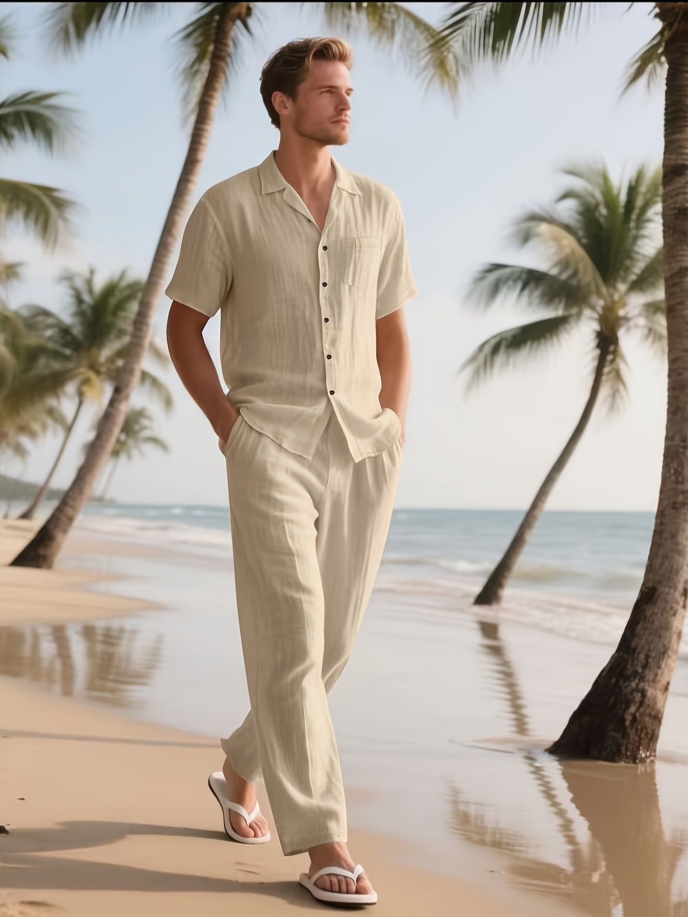 Men's Casual Linen Set – Comfortable and Breezy with Long Pants and Short Sleeves