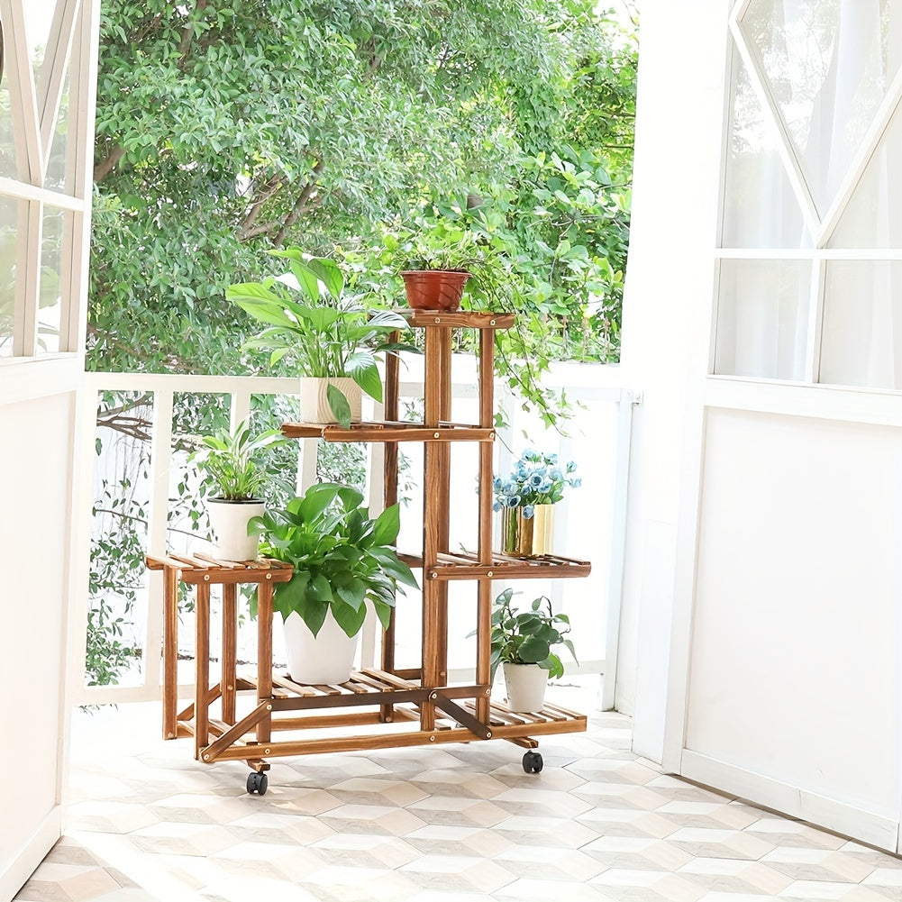 Robust 6-Tier Wooden Plant Stand – Carbonized Treatment