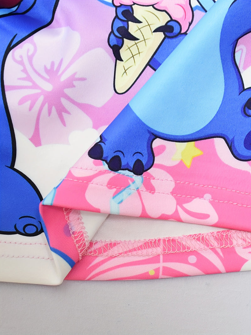 Disney Stitch Girls Sleeveless Round Neck Dress with Bow & Floral Print - Lightweight Polyester Spandex