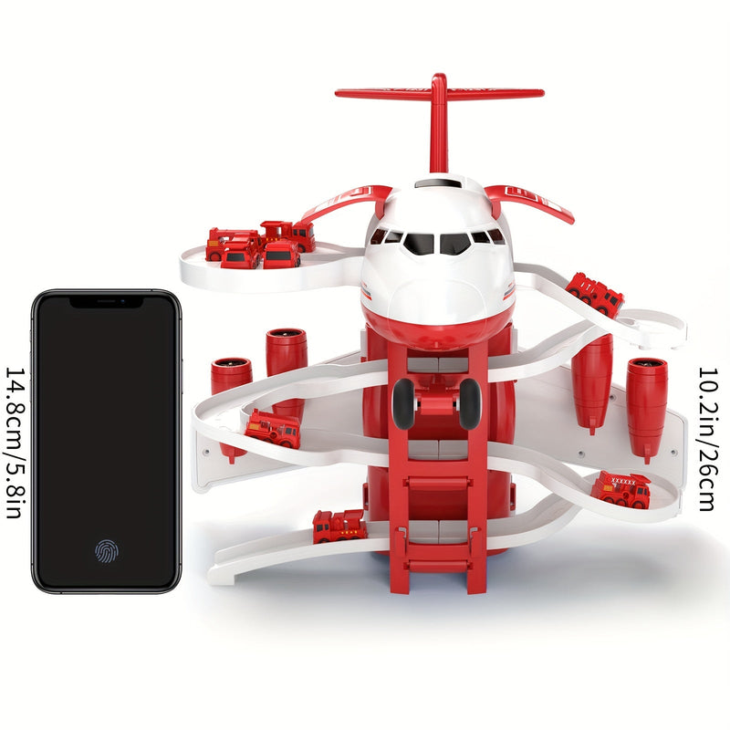 AdventurePlay Airplane & Fire Truck Playset - Race Track and Garage for Kids