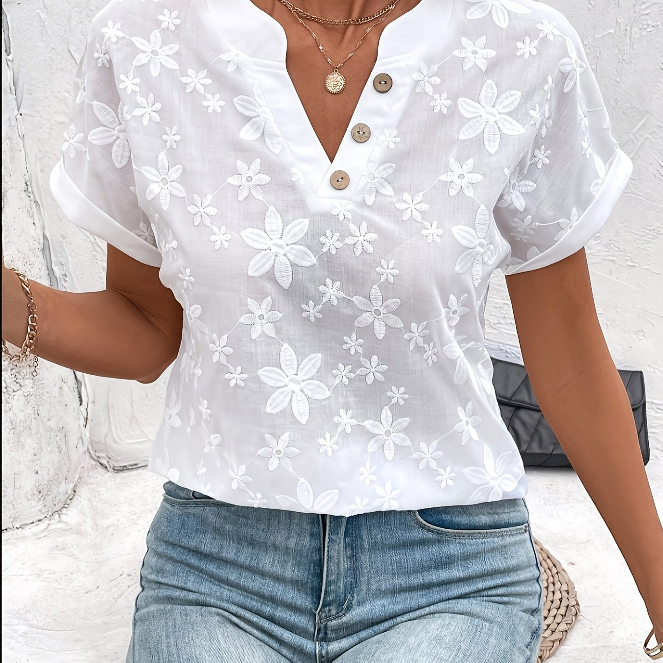 Ladies Loose Summer Shirt - Floral Print and Batwing Sleeve