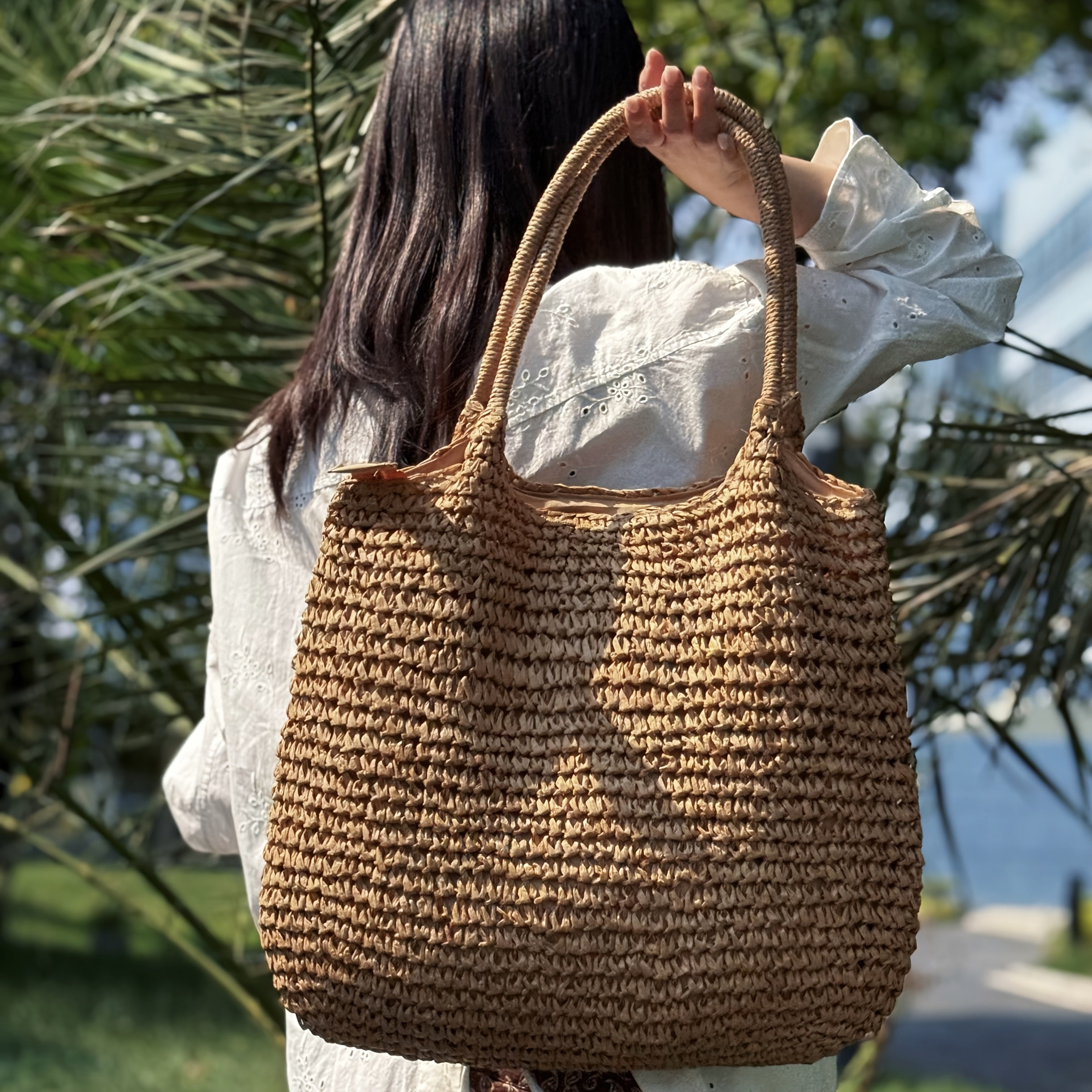 Ladies Large Capacity Woven Tote Bag with Zipper