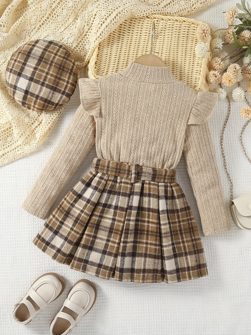 Eva Winter Outfit for Children - Turtleneck Sweater with Checked Skirt and Hat