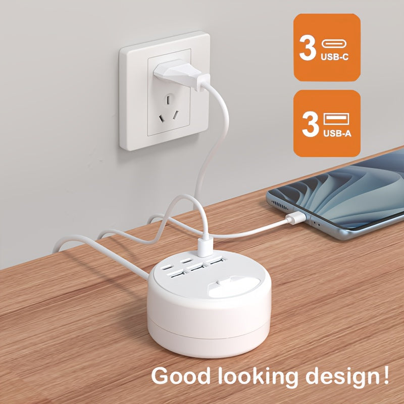 Multifunctional Power Strip with USB Chargers – 3 USB-A and 3 Type-C Ports, Ideal for Home and Office