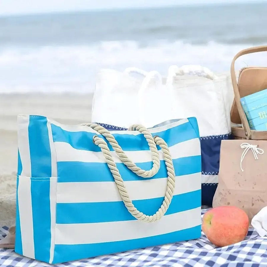 Striped Beach Bag – Spacious Travel Bag with Rope Handles for Transport and Outdoor Vacations