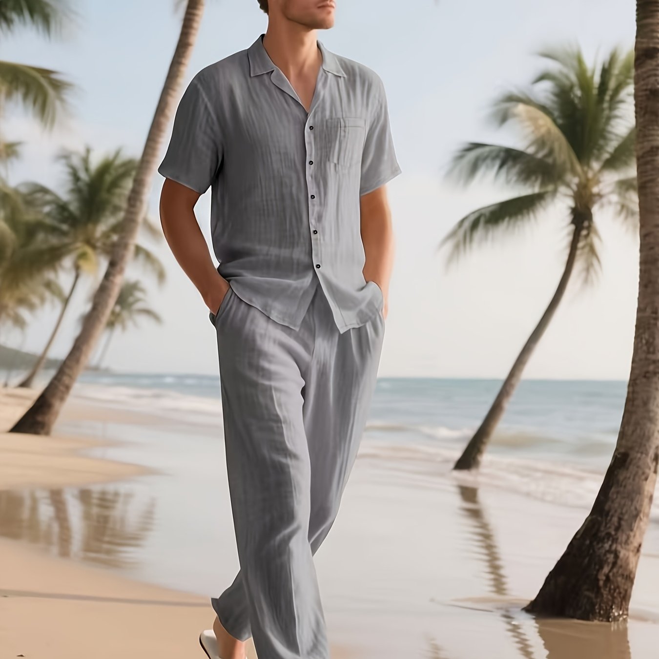 Men's Casual Linen Set – Comfortable and Breezy with Long Pants and Short Sleeves