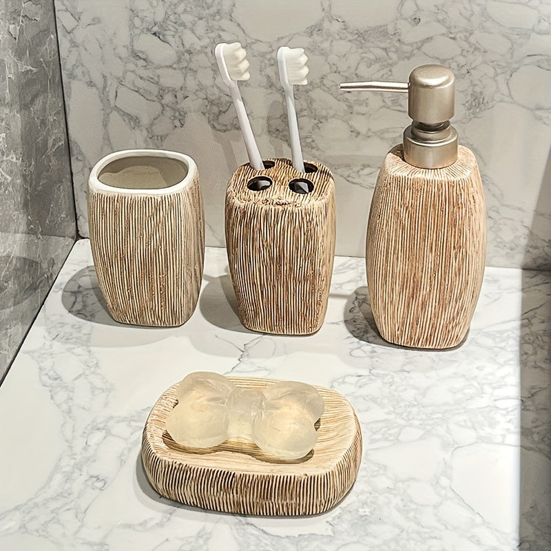 Wood Grain Style Ceramic Bathroom Set – Luxury Accessories for a Natural Touch in Your Bathroom