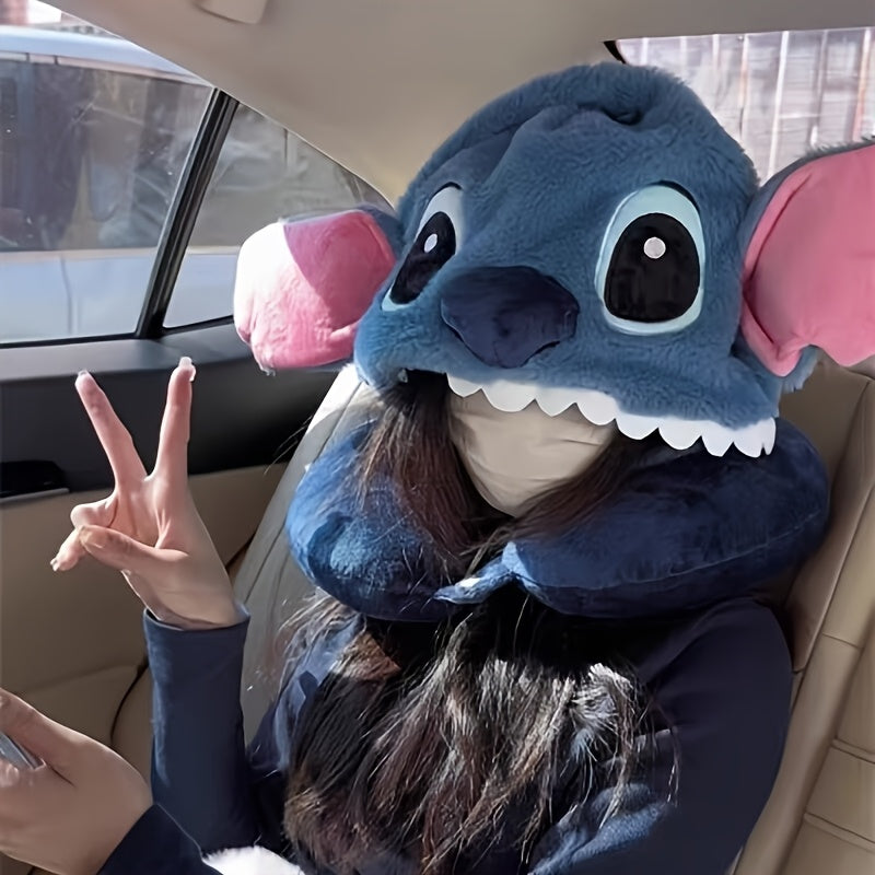 Plush Stitch Travel Neck Pillow with Hood - Comfortable U-Shaped Pillow with Ear Flaps