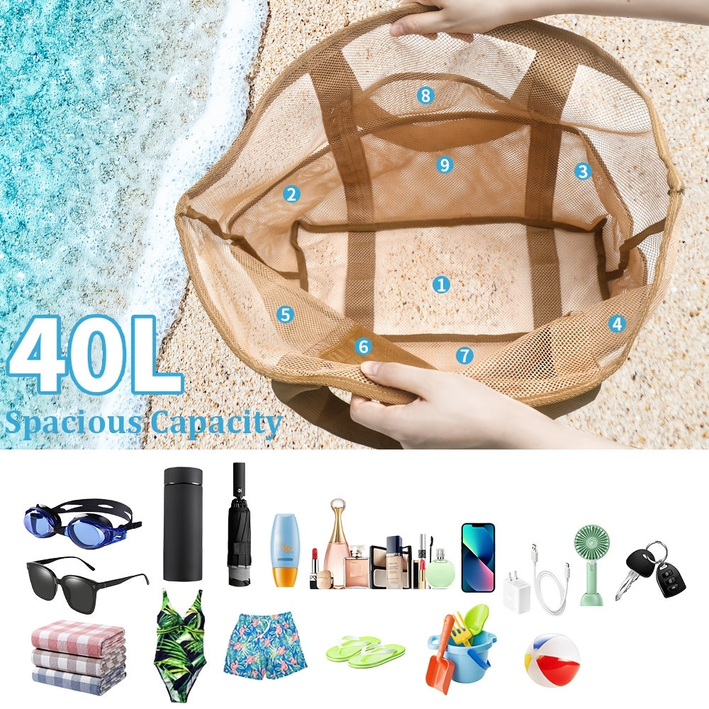 Light and Spacious Mesh Beach Bag – 40L Foldable Tote with Sturdy Shoulder Straps and Open Top