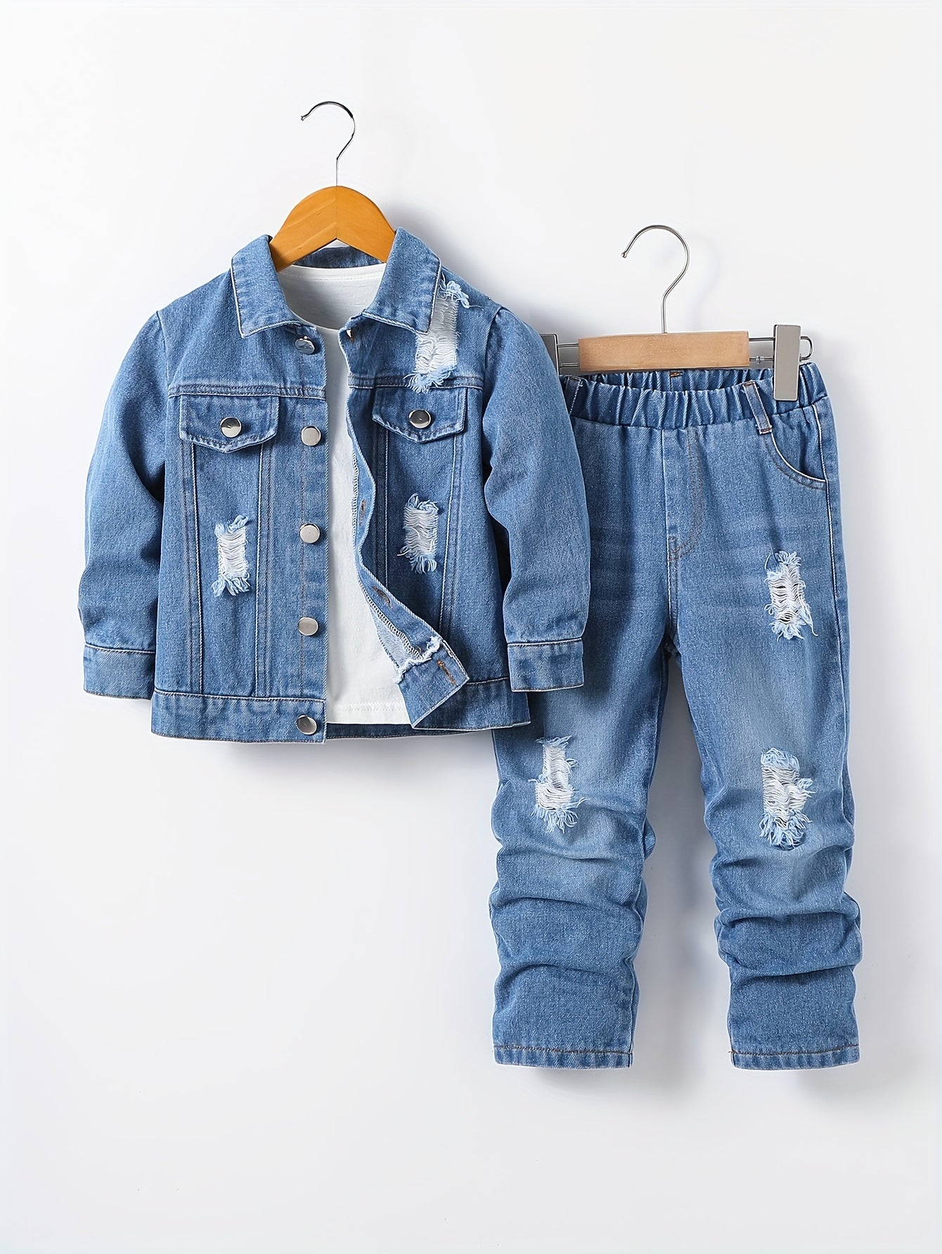 Casual Ripped Denim Jacket and Pants Set – Perfect for Adventurous Boys